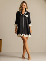 [Black] SilkSilky  Half Sleeve Lapel Collar Nightshirt 006