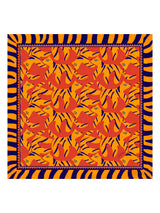 [Orange Dog] Flat-lay view of a 90 cm square mulberry silk scarf in orange, yellow, and red animal print with a dark striped border 001