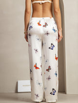 [White Butterfly] Back view of white butterfly print 19 Momme silk wide-leg pants with elastic waist 002