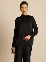[Black] SilkSilky  Long Sleeve Tie Neck Women's Blouse 004