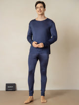 [Dark Blue] Men’s navy silk jersey long johns with crew neck top and fitted leggings 001