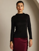 [Black] Black pure silk long sleeve mock neck top on model with burgundy silk skirt 001