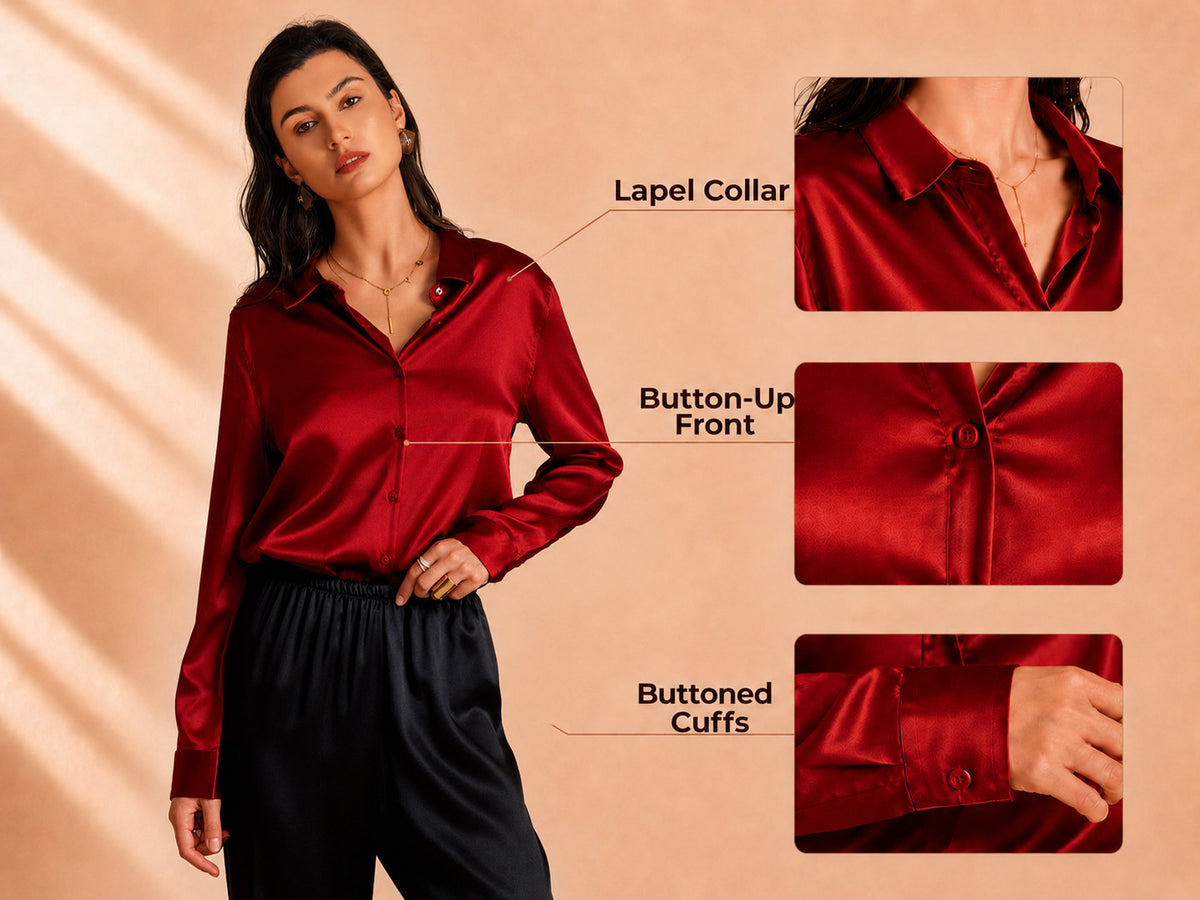 19Momme Silk Long Sleeve Lapel Collar Women's Shirt with Button Up Design - Detail 1