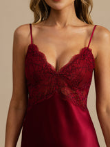 [Wine] SilkSilky  Spaghetti Strap Deep V Neck Nightgown 004