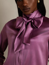 [Deep Purple] Purple silk high neck blouse with oversized bow and long sleeves 008