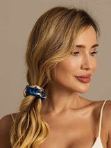 [Navy Dragon] Blue silk hair scrunchie holding blonde braided ponytail 002