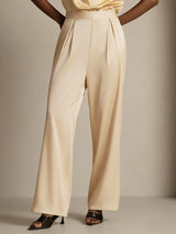 [Champagne] Beige high waist wide leg silk pants with pleated front and smooth drape 001