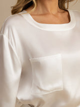 [White] White mulberry silk women’s sleep tee with square neckline and chest pocket 005