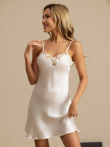 [White] SilkSilky  Spaghetti Strap V Neck Nightgown 006