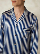 [Navy Stripe] Men's blue and white striped mulberry silk pajama top with lapel collar and button front