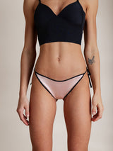[Pink] Black-trimmed pink silk side-tie bikini panty on model 004