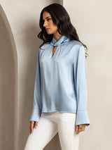 [Grayish Blue] SilkSilky  Long Sleeve Keyhole Neck Women's Blouse 002