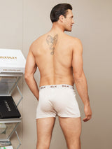 [Beige] Men's white Mulberry silk boxer underwear with branded waistband, back view