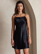 [Black] Black mulberry silk spaghetti strap cowl neck short dress 003