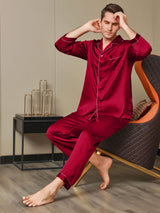 [Red] Men's burgundy mulberry silk pajama set with notch collar and button-up design 005
