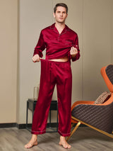 [Red] Men's burgundy mulberry silk pajamas set with notch collar and contrast piping 007