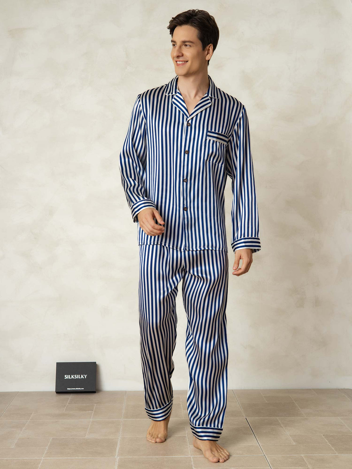 [Navy Stripe] Men's navy and white striped silk pajama set with lapel collar and button front