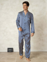 [Navy Stripe] Men's navy and white striped silk pajama set with lapel collar and button front