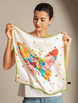 [P091] White 100% Mulberry silk square scarf with green trim and colorful floral print 003
