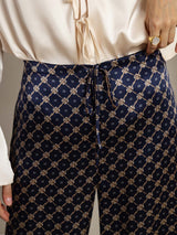 [Navy Chain] Navy chain print mulberry silk wide-leg pants with drawstring waist 005