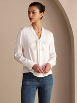 [White] SilkSilky Long Sleeve Tie Neck Women's Blouse 005