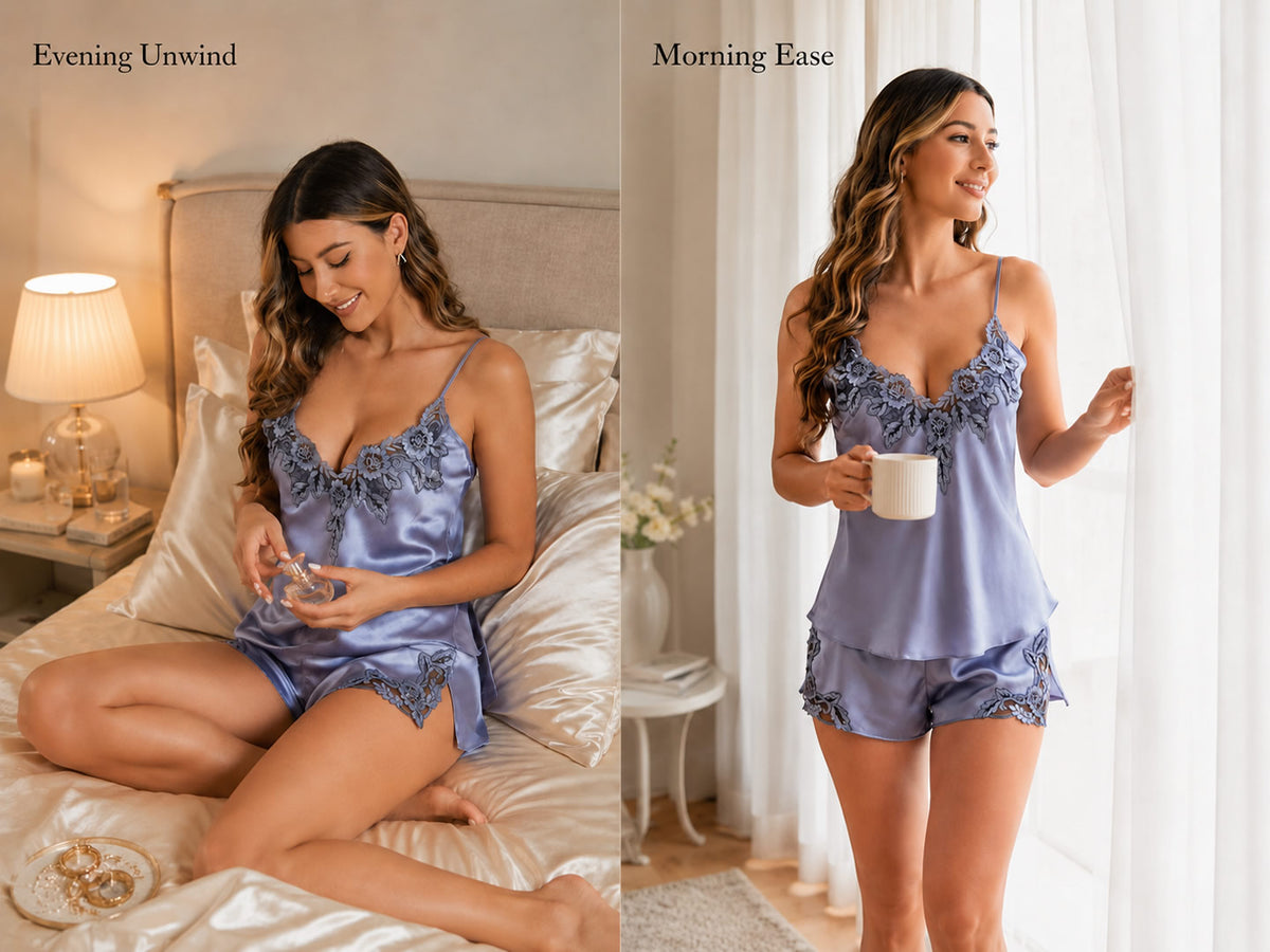 100% Mulberry Silk Lace Trim Camisole Set with Side Slit - Detail 2
