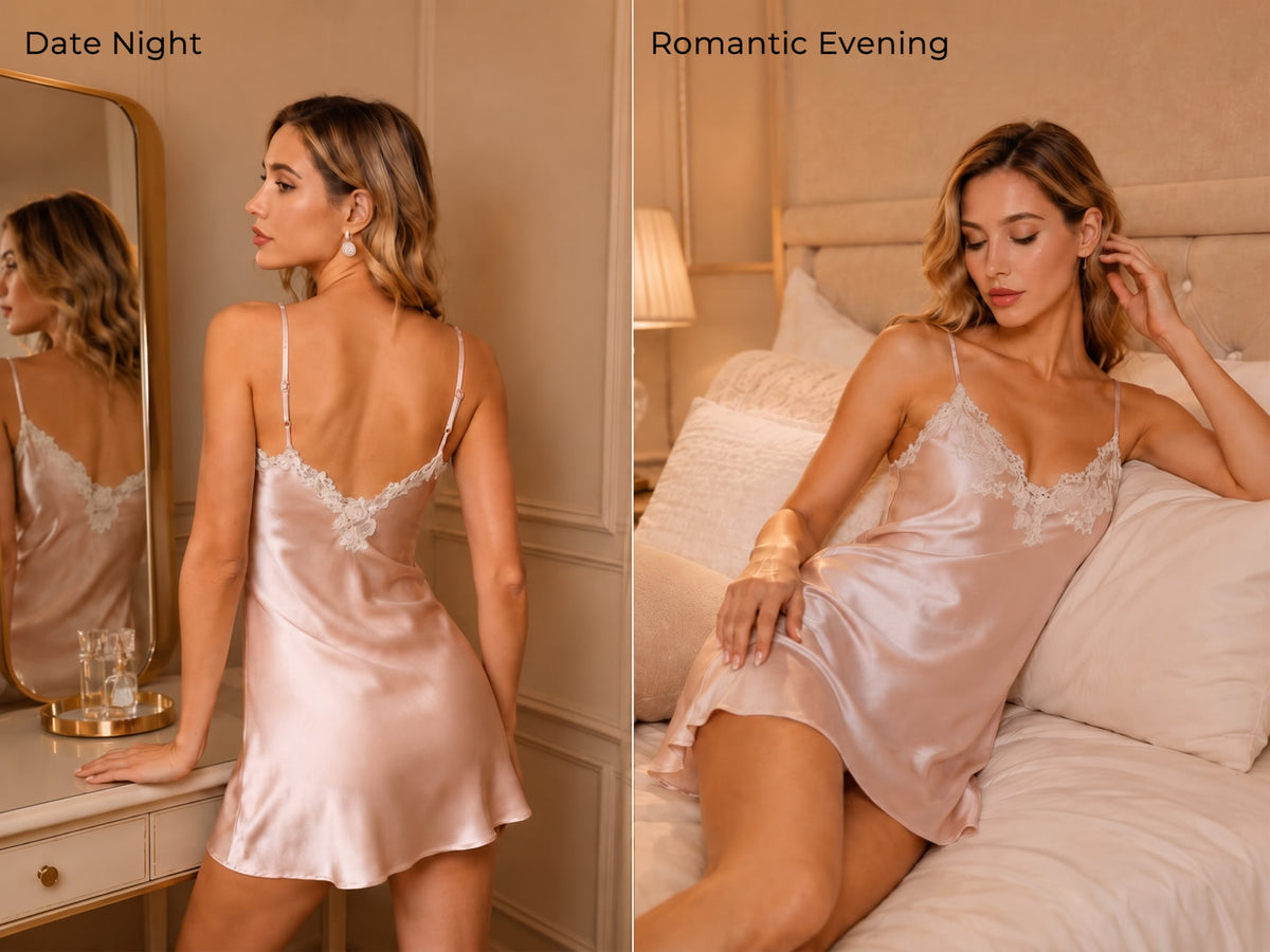 100% Mulberry Silk Spaghetti Strap Short Nightgown with Lace V-Back Design - Detail 2