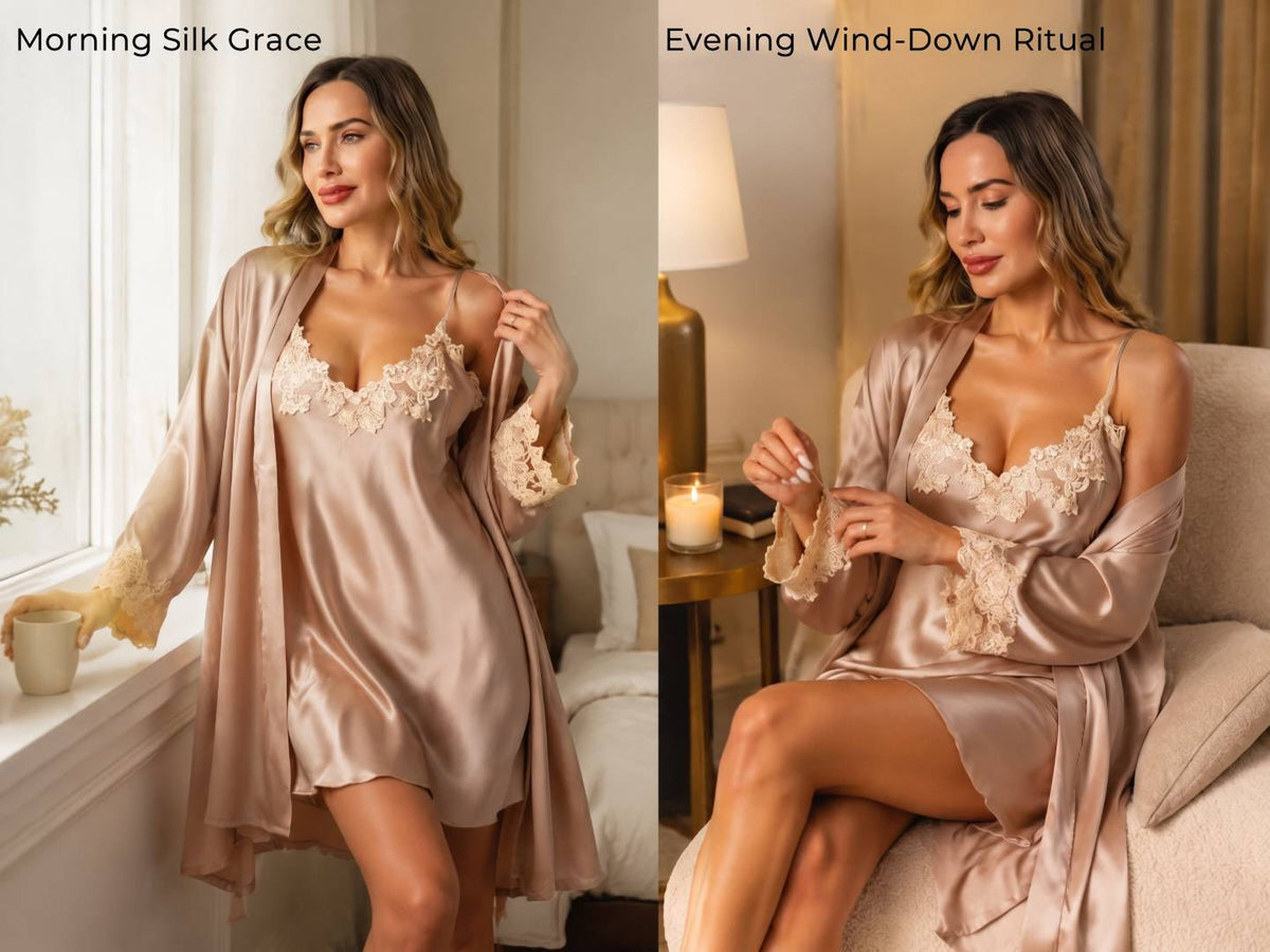 Elegant 100% Mulberry Silk Lace Trim Nightgown & Robe Set 2Pcs - Detail 3