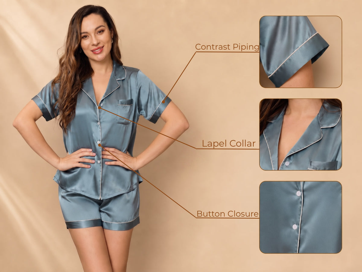 100% Mulberry Silk Women's Short Sleeve Notch Collar Pajamas Set - Detail 1