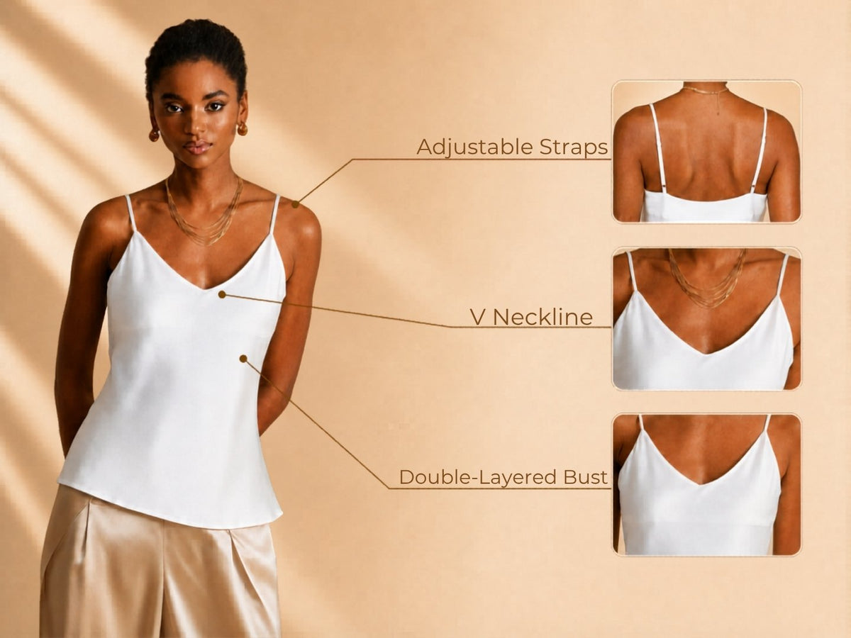 100% Mulberry Silk Spaghetti Strap V Neck Camisole Top - Detail 2