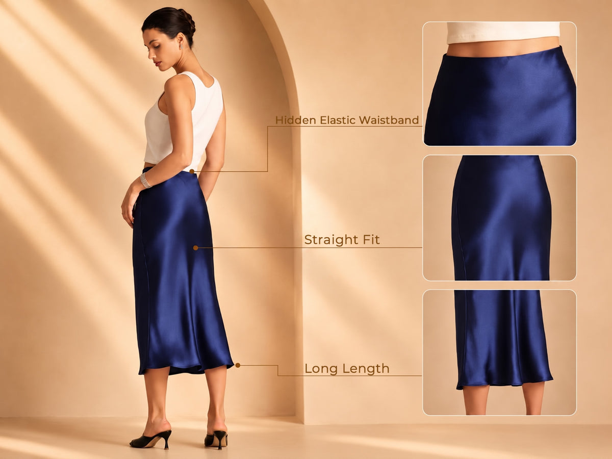 100% Mulberry Silk Stretch Long Straight Skirt - Detail 2
