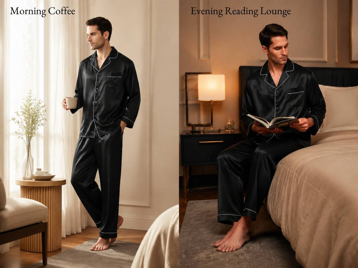 100% Mulberry Silk Long Sleeve Notch Collar Men's Pajamas Set with Button Up Design - Detail 3