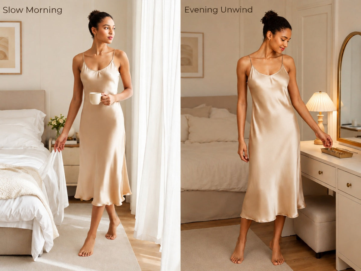100% Mulberry Silk Spaghetti Strap V-neck Midi Nightgown - Detail 3