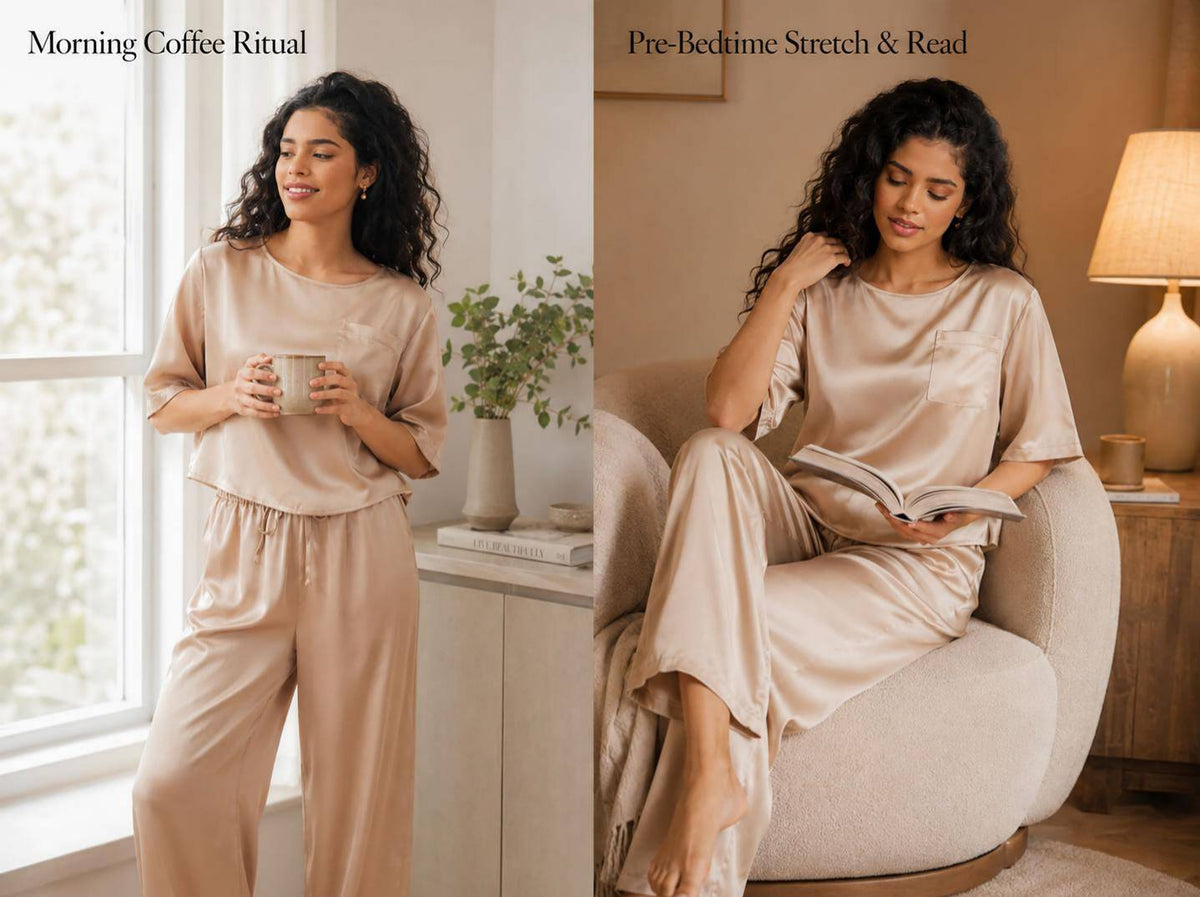 Women's 100% Mulberry Silk Half Sleeve Round Neck Pajamas Set - Detail 3