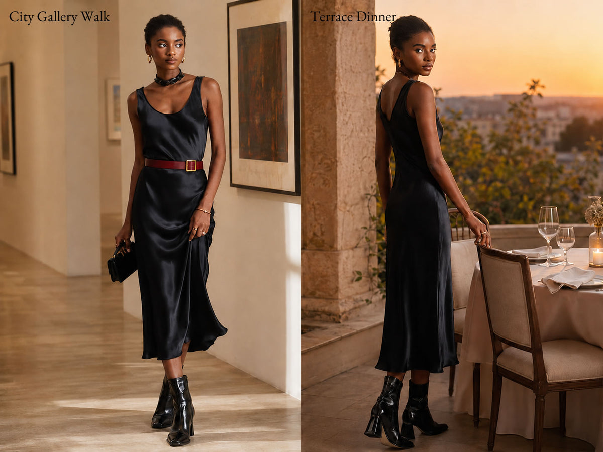 100% Mulberry Silk Sleeveless U Neck Midi Long Dress - Detail 3