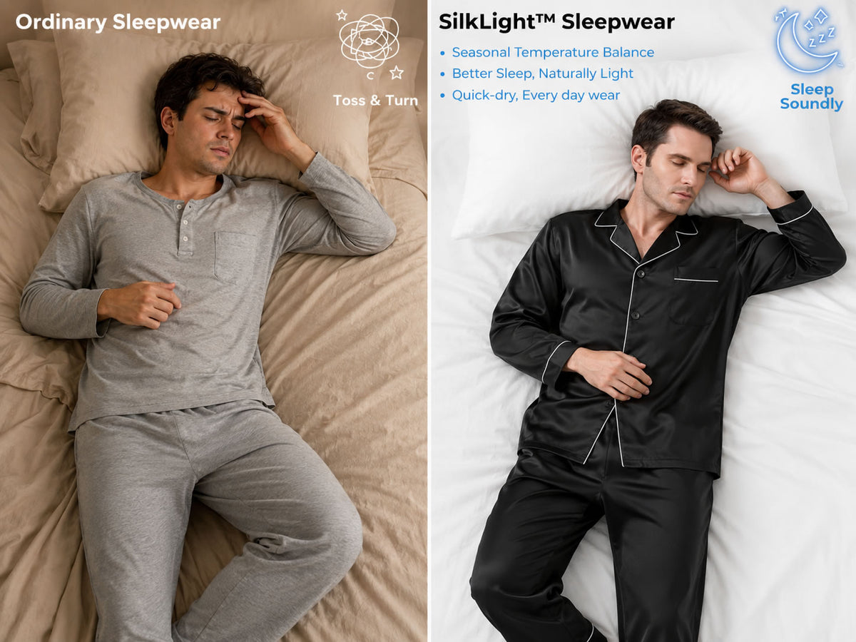 100% Mulberry Silk Long Sleeve Notch Collar Men's Pajamas Set with Button Up Design - Detail 1