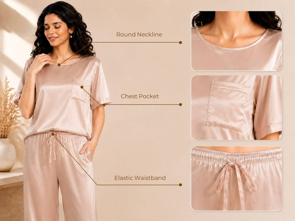 Women's 100% Mulberry Silk Half Sleeve Round Neck Pajamas Set - Detail 2