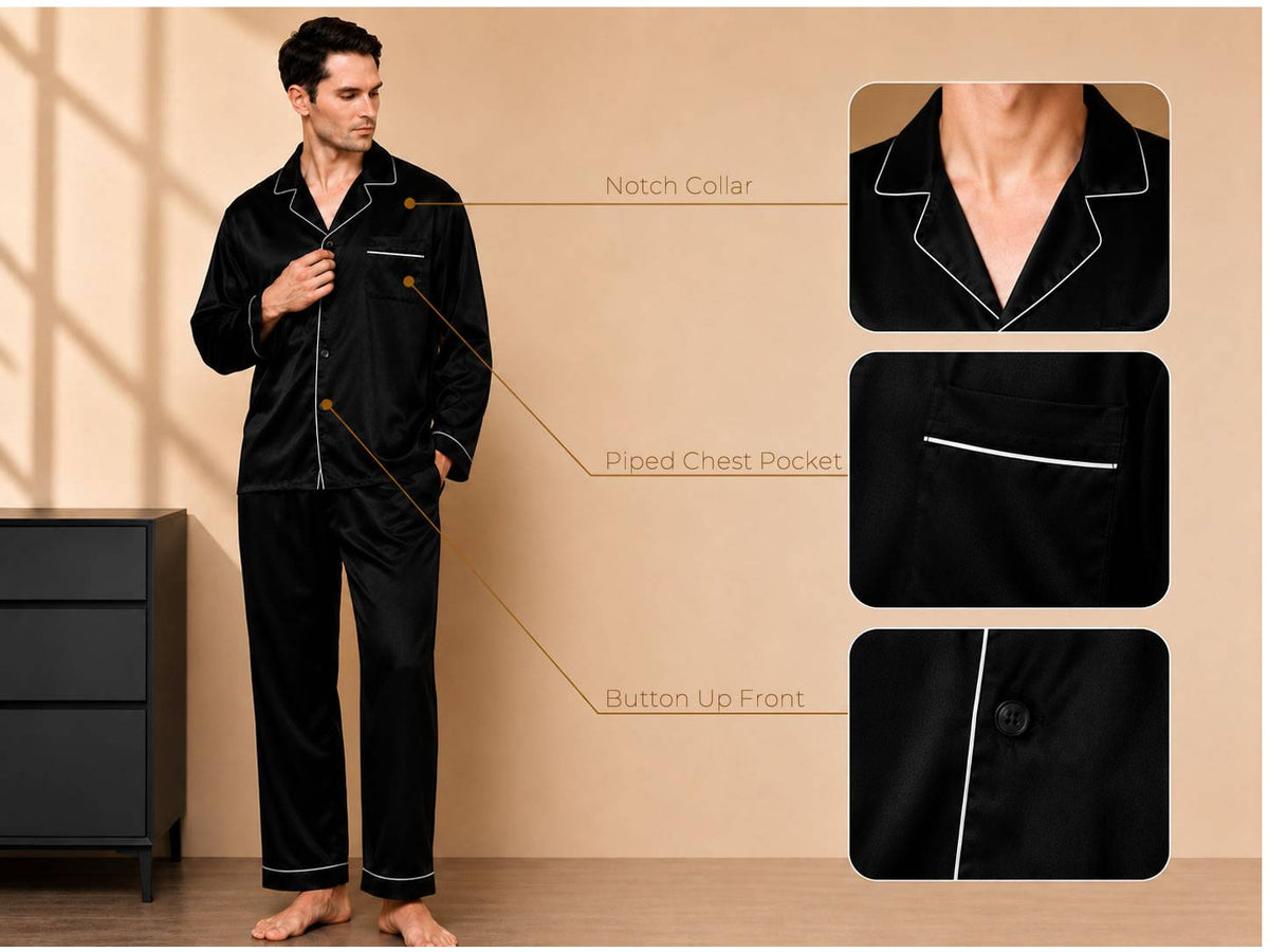 100% Mulberry Silk Long Sleeve Notch Collar Men's Pajamas Set with Button Up Design - Detail 2