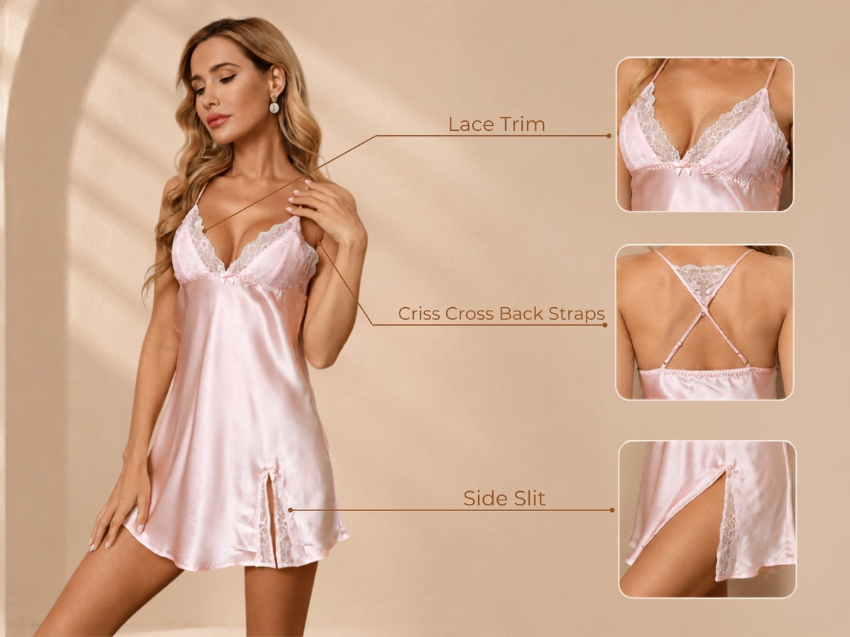100% Mulberry Silk Nightgown Lace Trim Chemise with Side Slit - Detail 2