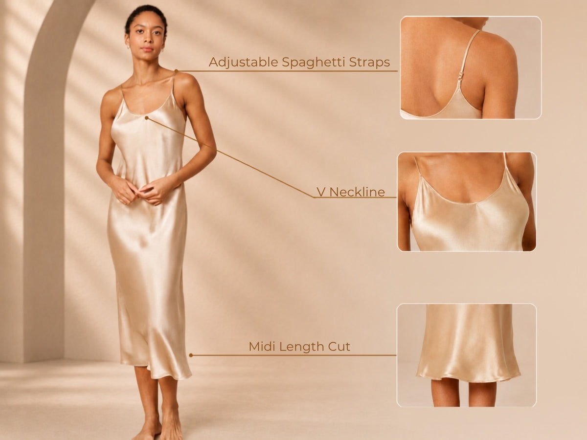 100% Mulberry Silk Spaghetti Strap V-neck Midi Nightgown - Detail 2