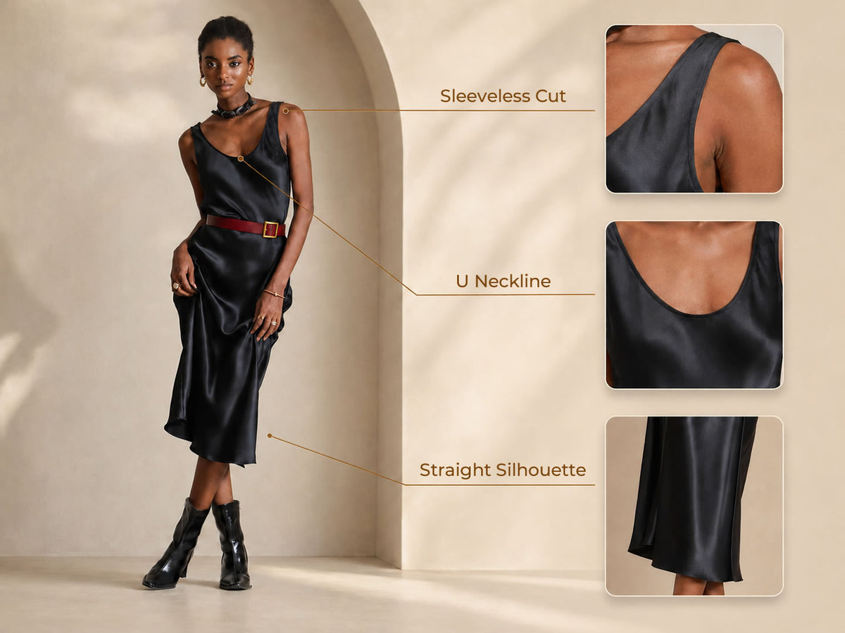 100% Mulberry Silk Sleeveless U Neck Midi Long Dress - Detail 2