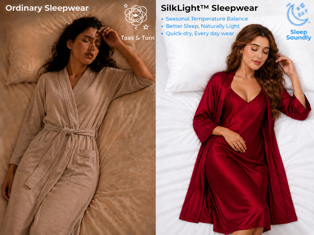 100% Mulberry Silk V-Neck Midi Nightgown & Robe Set 2Pcs - Detail 1
