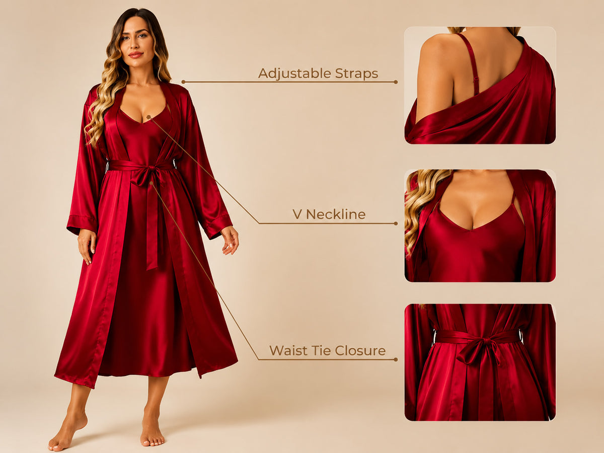 100% Mulberry Silk V-Neck Midi Nightgown & Robe Set 2Pcs - Detail 2