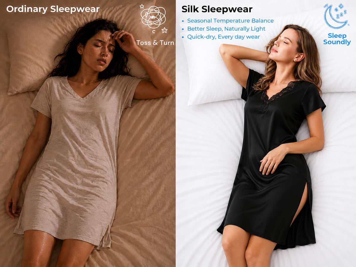 100% Mulberry Silk Short Sleeve Lace V-neck Short Nightgown with Split Hem - Detail 1