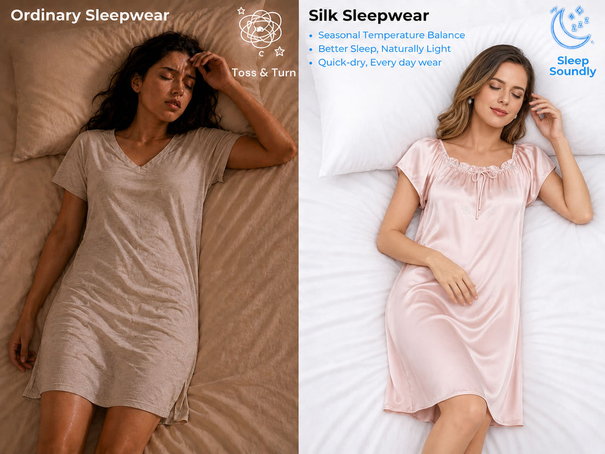 100% Mulberry Silk Cap Sleeve Square Neck Babydoll Short Nightgown - Detail 1