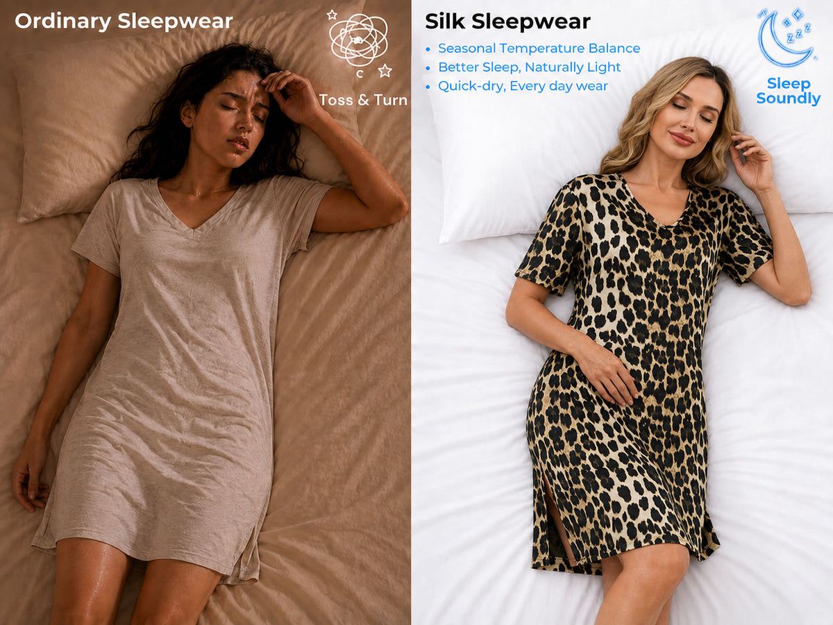 100% Mulberry Silk Half Sleeve V-neck Leopard Printed Short Nightgown with Split Design - Detail 1