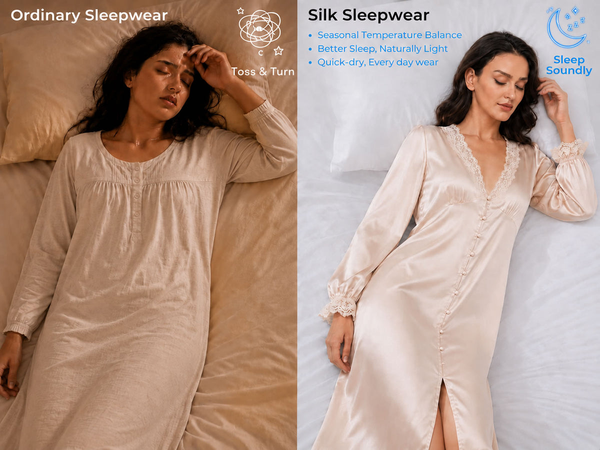 100% Mulberry Silk Long Sleeve V-neck Midi Nightgown with Lace Design - Detail 1