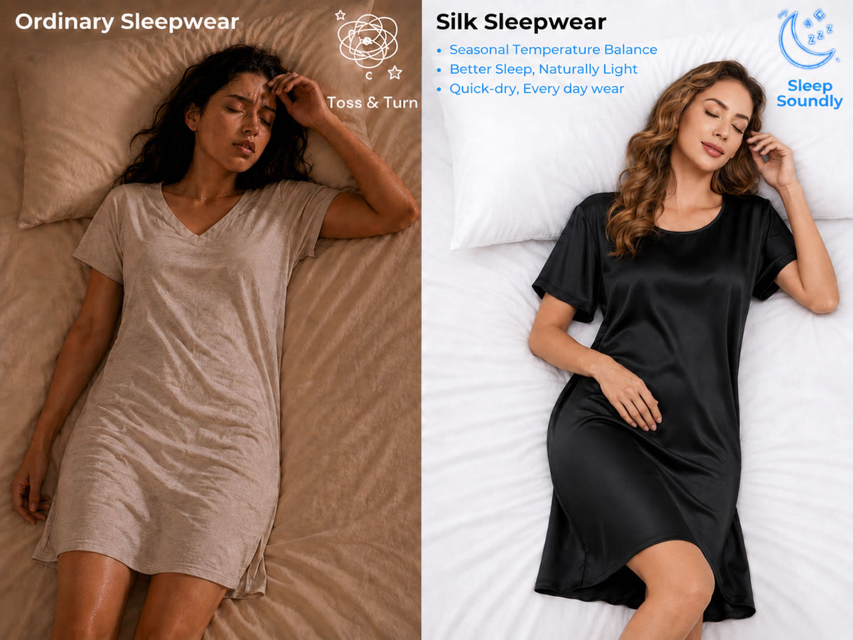 100% Mulberry Silk Short Sleeve Round Neck Short Nightgown - Detail 1