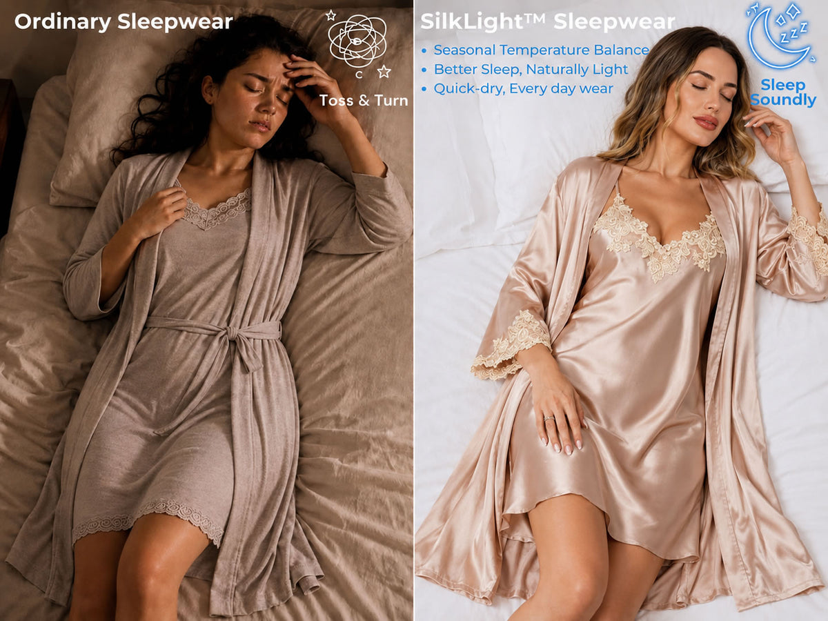 Elegant 100% Mulberry Silk Lace Trim Nightgown & Robe Set 2Pcs - Detail 1