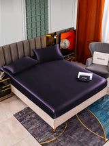 [Deep Purple] Dark purple silk fitted sheet and pillowcases on modern bed 002